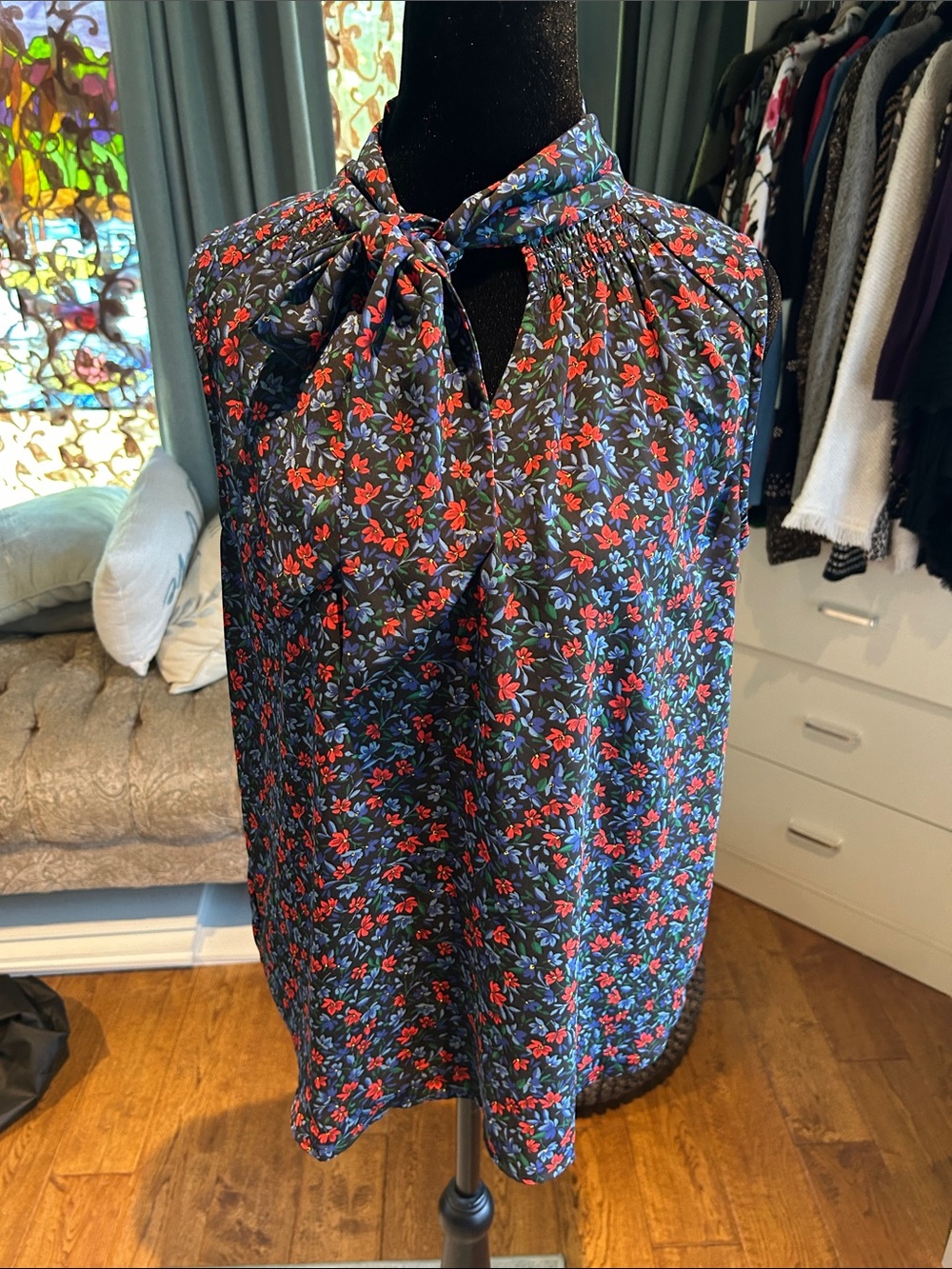 LOFT Black Floral Tie-Neck Blouse with Red Flowers
